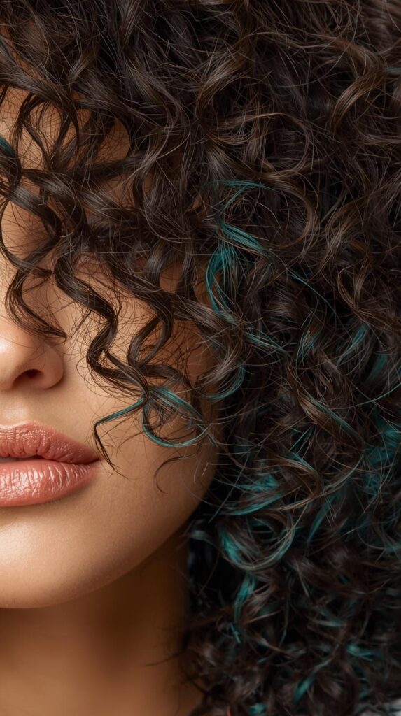 Layered Brown Curly Hair with Teal Peekaboo
