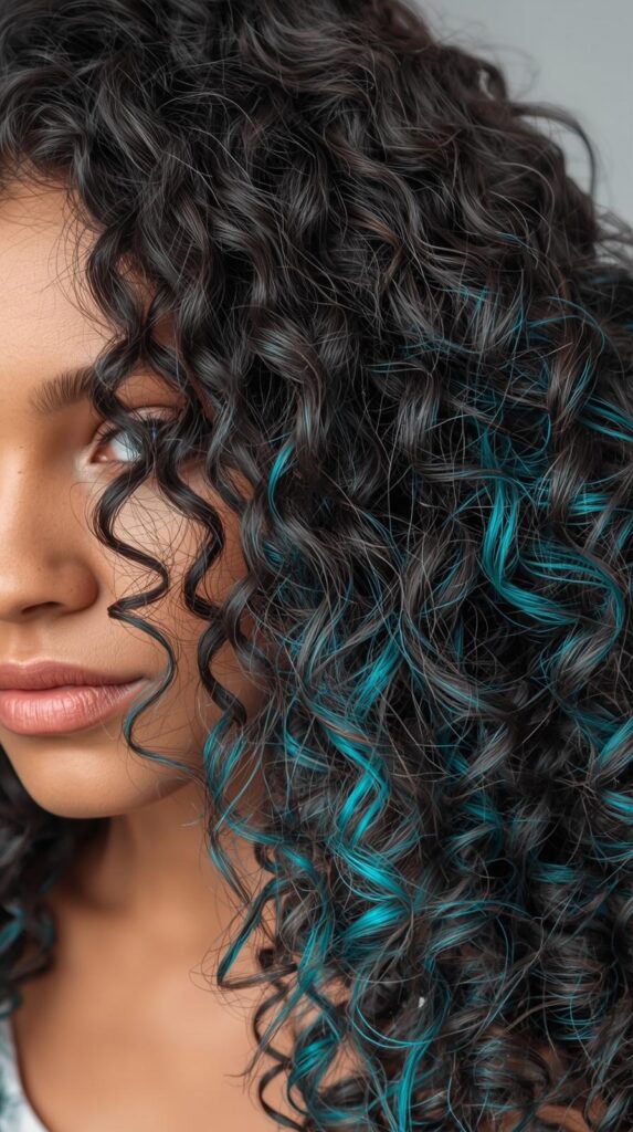 Half-Up Brown Curly Hair with Teal Peekaboo
