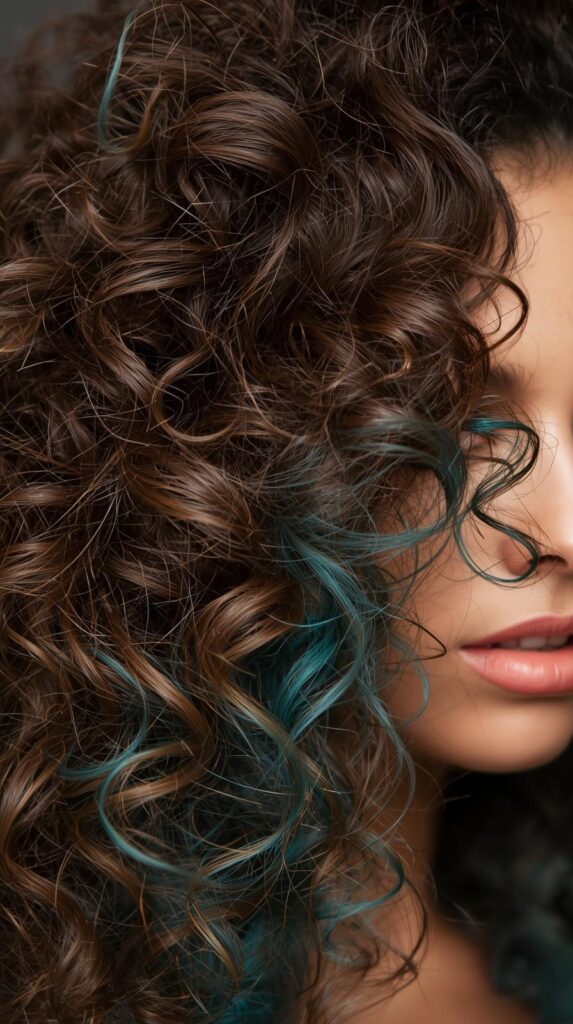 Brown Curly Hair with Teal Peekaboo Underlights