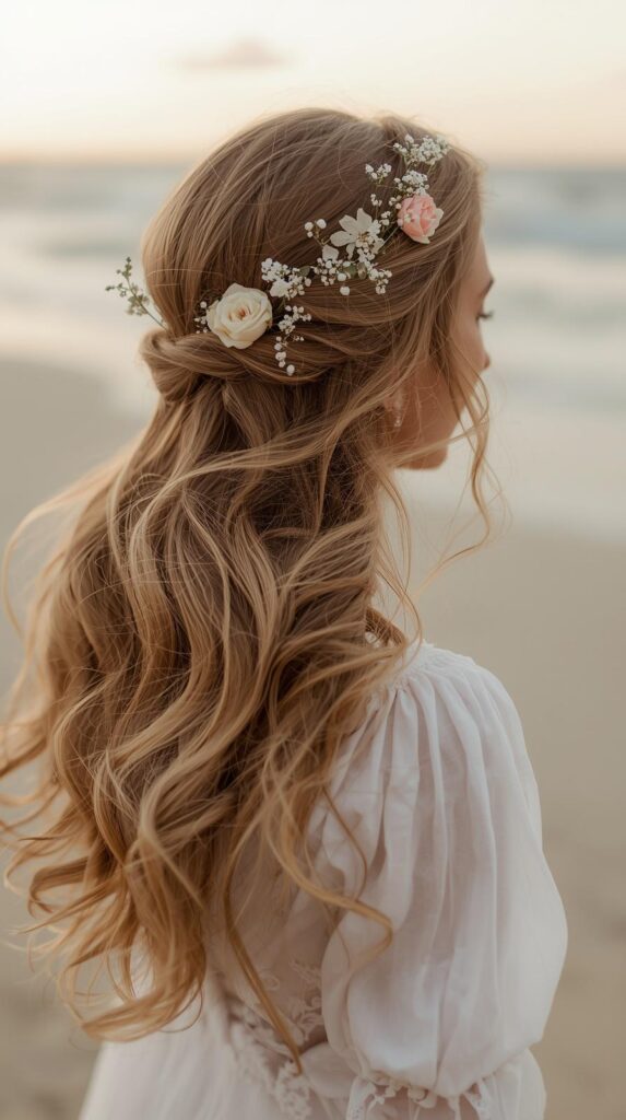 Floral Beach Wedding Hairstyles for Long Hair
