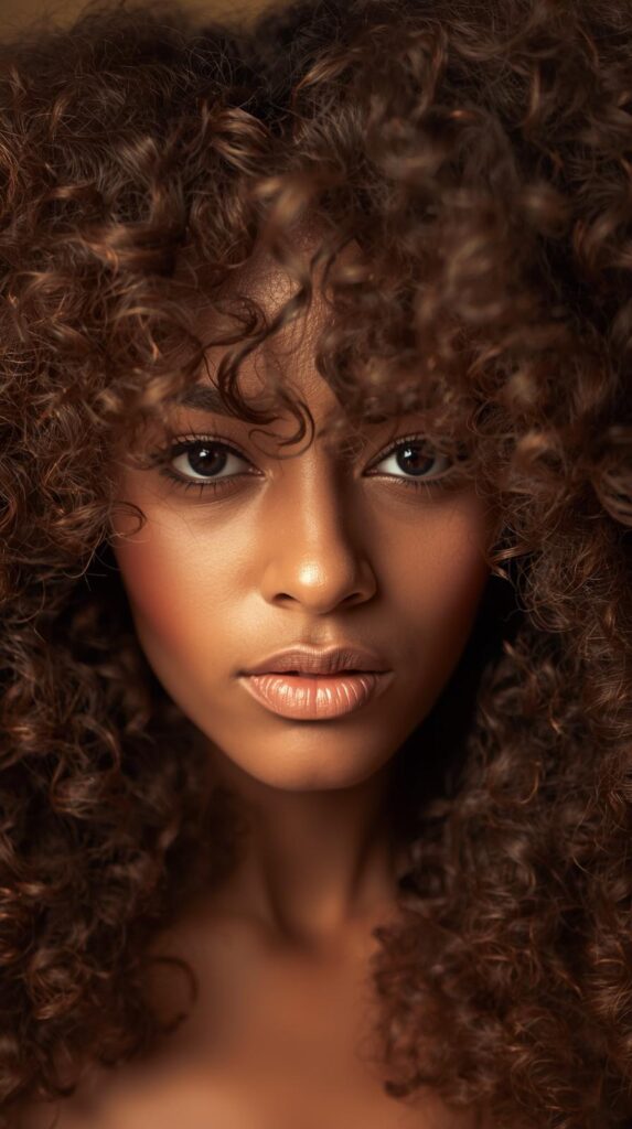 Voluminous Brown Curly Hair with Teal Peekaboo