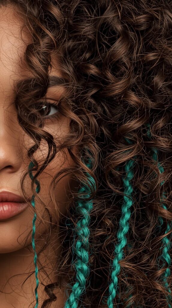 Brown Curly Hair with Teal Peekaboo and Braids