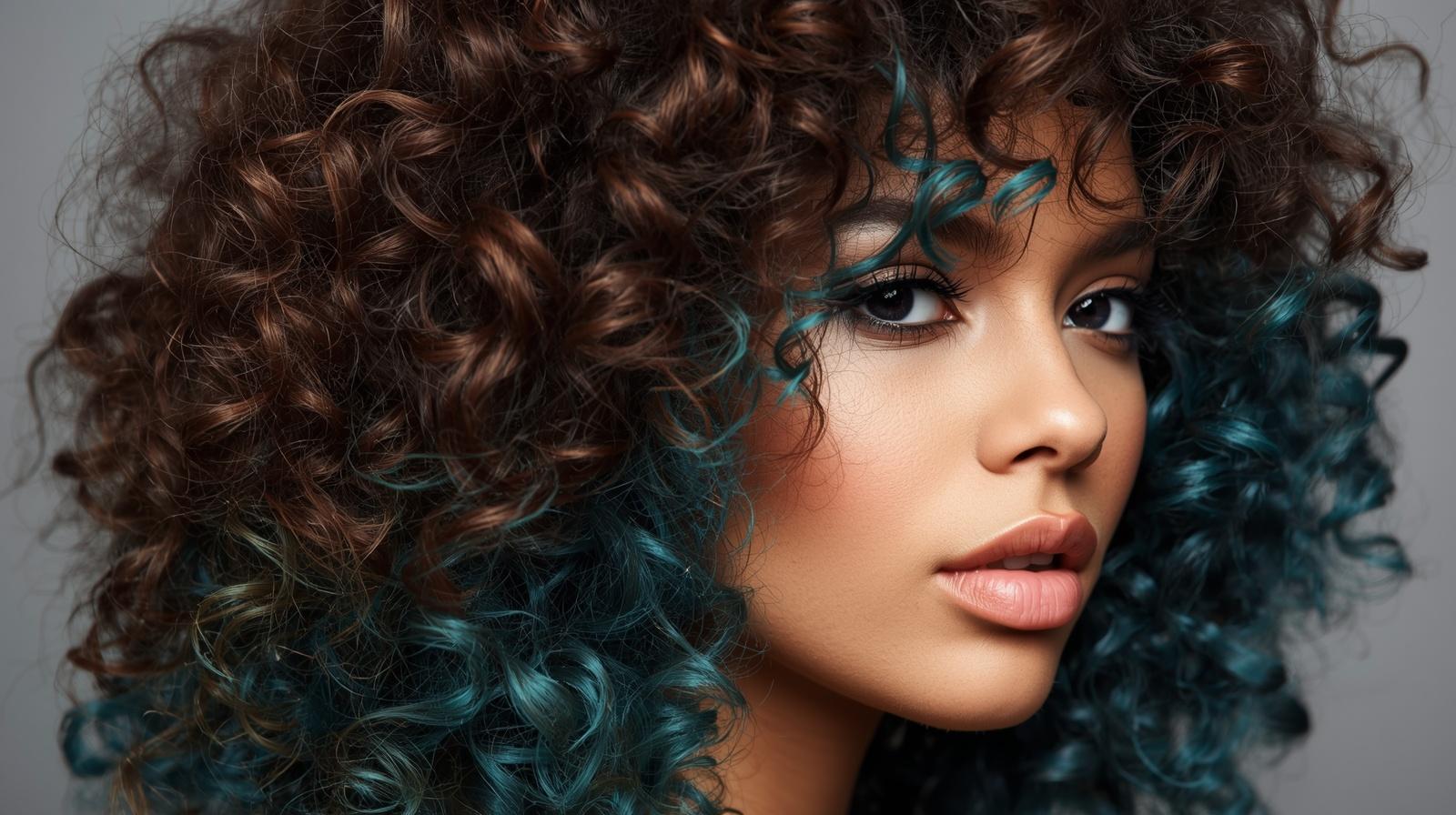 brown curly hair with teal peekaboo